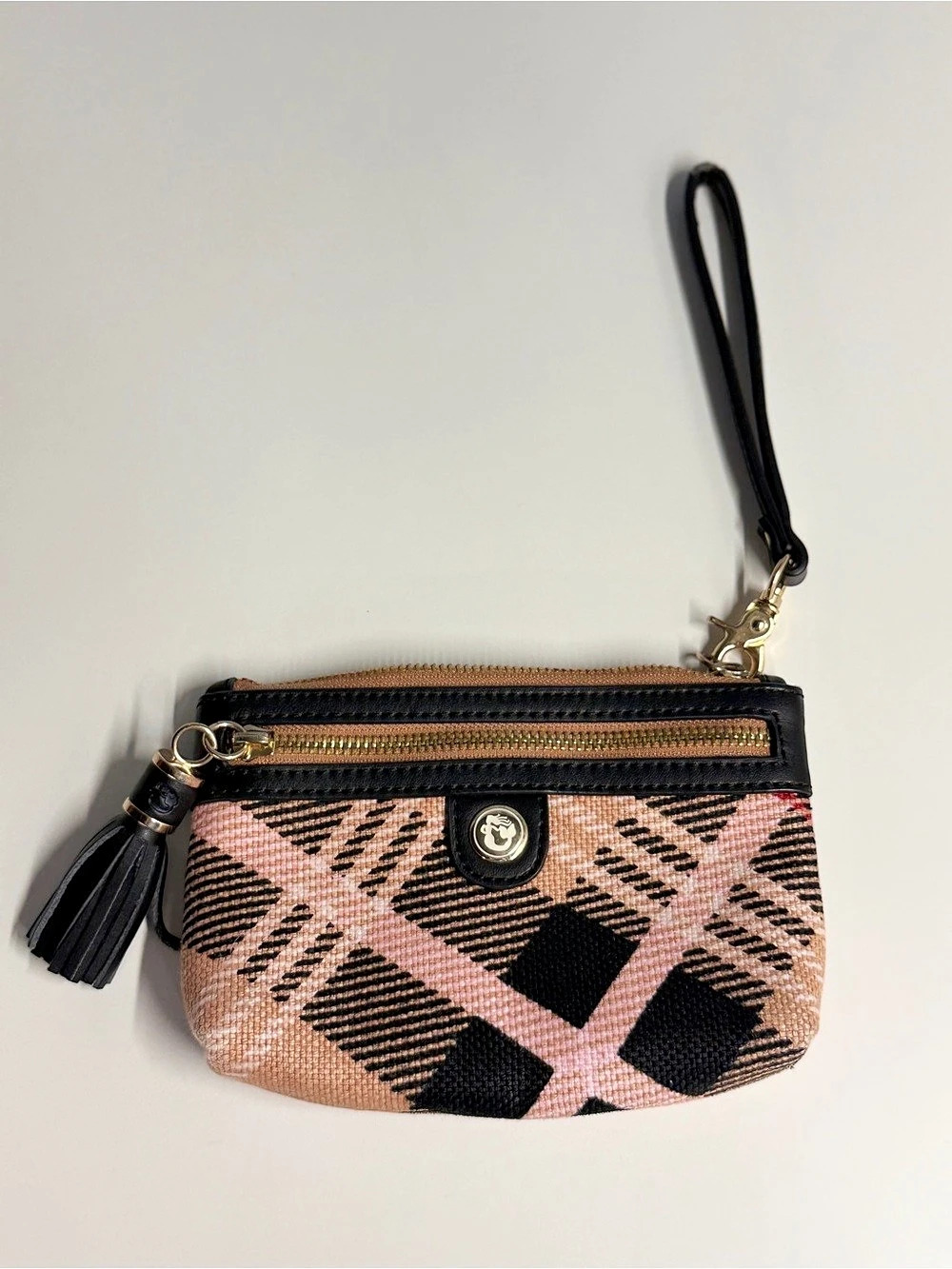 Spartina 449 Telfair Zippy ID Wristlet in Pink and Black plaid